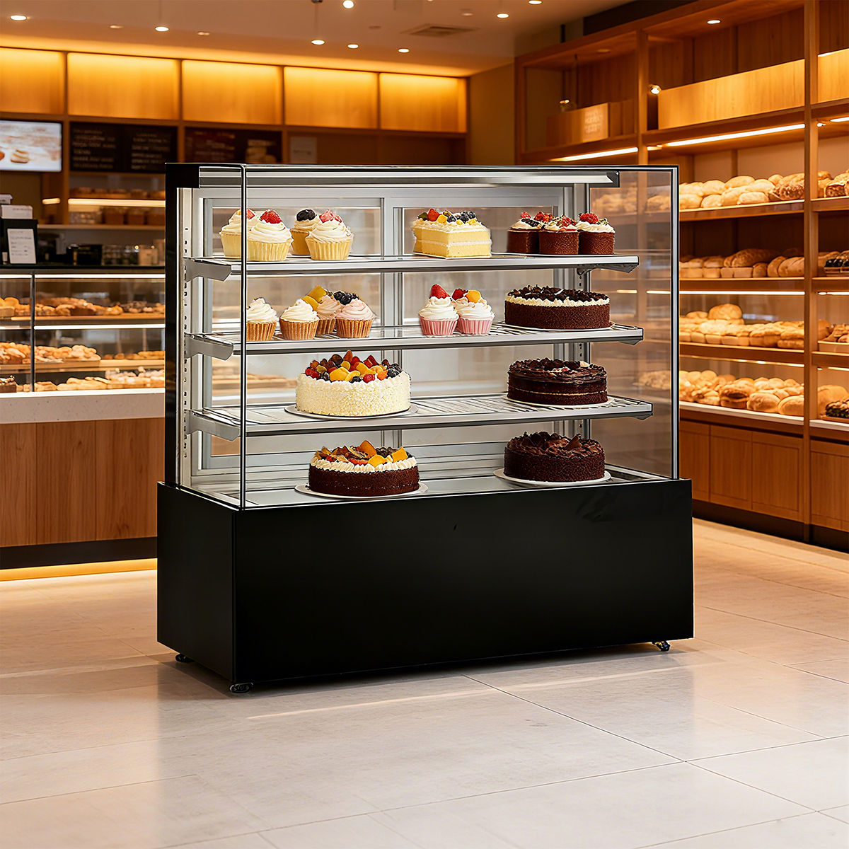 Panoramic stacked glass cake cabinet